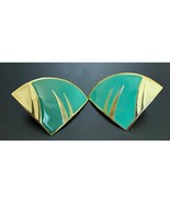 Vintage 80s Fan-Shaped Enamel Clip On Earrings Teal Green &amp; Gold - $8.60