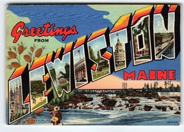 Greetings From Lewiston Maine Large Big Letter Postcard Linen Curt Teich Unused - £10.40 GBP