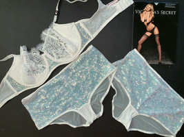 Victoria&#39;s Secret Foderati 34B, 36D Reggiseno Set Corto Collant Pizzo Bianco Blu - £99.70 GBP