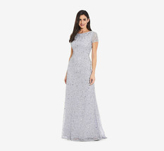 Adrianna Papell Women&#39;s Scoop Back Sequin Gown With Short Sleeves in Glacier  12 - £197.01 GBP