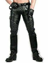 Men&#39;s Real Leather Pants Black Quilted Pants with Double Zipper BLUF Bre... - $114.98
