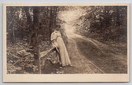 RPPC Beautiful Victorian Woman Flowing Dress On Rustic Forest Path Postcard P24 - £15.63 GBP