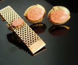 Elegant Wedding Cufflink Set large tieclip Exquisite Red Goldstone Vitality and  - £132.30 GBP