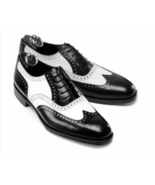 Handmade Men Wingtip Brogue Black White Leather Dress Shoes Formal Oxfor... - $99.50
