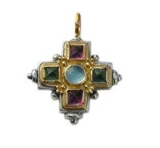  Gerochristo 5095 - Gold, Silver &amp; Stones Medieval-Byzantine Cross Pendant  - $855.00