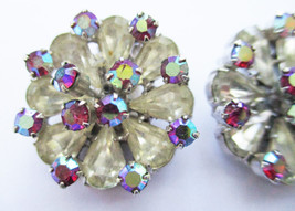 WEISS Pink and Clear Aurora Borealis Crystal Round Clip on Earrings Vintage 1 in - £26.47 GBP