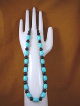 (v326-92) 20&quot; long Chinese teal turquoise + black Onyx beaded gemstone Necklace - £61.47 GBP
