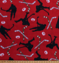 Hockey Players Hockey Sticks Pucks on Red Sports Fleece Fabric Print BTY... - $6.97