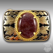 Vintage Belt Buckle Burgundy Western Agate Cabochon Stone Southwest Gold... - $43.48
