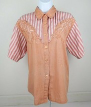 Womens Cowgirl Casual Coral Peach Stripped Short Sleeve Button up T Shir... - £15.75 GBP