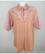 Womens Cowgirl Casual Coral Peach Stripped Short Sleeve Button up T Shir... - £15.71 GBP