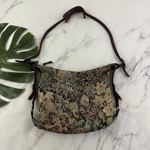 Vintage 90s Tapestry Shoulder Bag Purse Purple Tan Floral Leather Trim C... - $28.70
