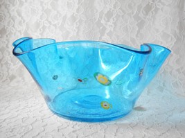 Vintage Murano Bowl Millefiore Hand Blown Art Glass Aqua Blue Ruffled Edge - $52.00