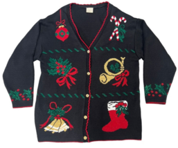 Vintage Style Studio Ugly Christmas Metallic Black Red Gold Cardigan Swe... - £18.87 GBP