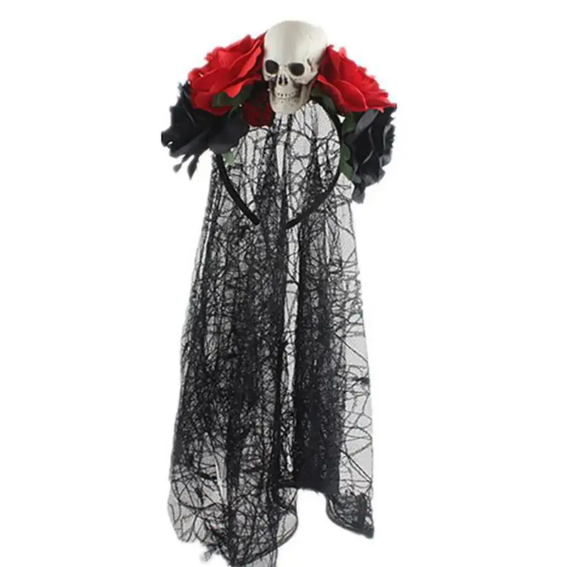 Play Women Halloween Artificial Rose Flower Skull Face Headband With Black Lace  - £23.18 GBP