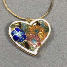 Cloisonné Necklace Heart Pendant Multicolor White Floral Cut Out Vintage - $22.00