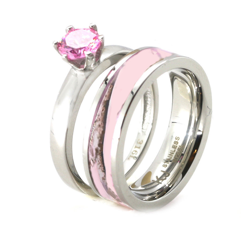 Womens Pink Camo Engagement Wedding Ring Set Stainless Steel Band hypoallergenic - $34.99
