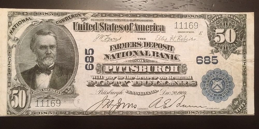 Reproduction $50 National Bank Note 1902 Farmers Deposit Bank Pittsburgh, PA - $3.99