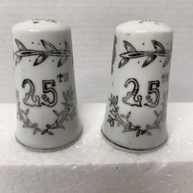 Vintage Porcelain Lefton Salt And Pepper Shakers 25th Anniversary Silver White - £6.37 GBP