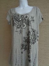 RXB Large  Cotton Bead Embellished Scoop Neck Cap Sleeve Tee Top  Heth Gray - £7.28 GBP