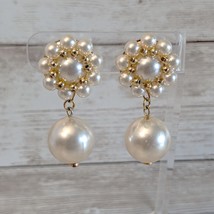 Vintage Clip On Earrings Extra Large Faux Pearl &amp; Gold Tone Dangle Statement - £12.78 GBP