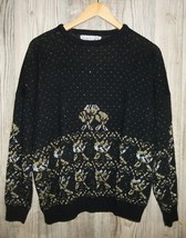 Vintage Black Metallic Sweater XL 80s Oversized Kate Collins Silver Gold Lurex - $26.99