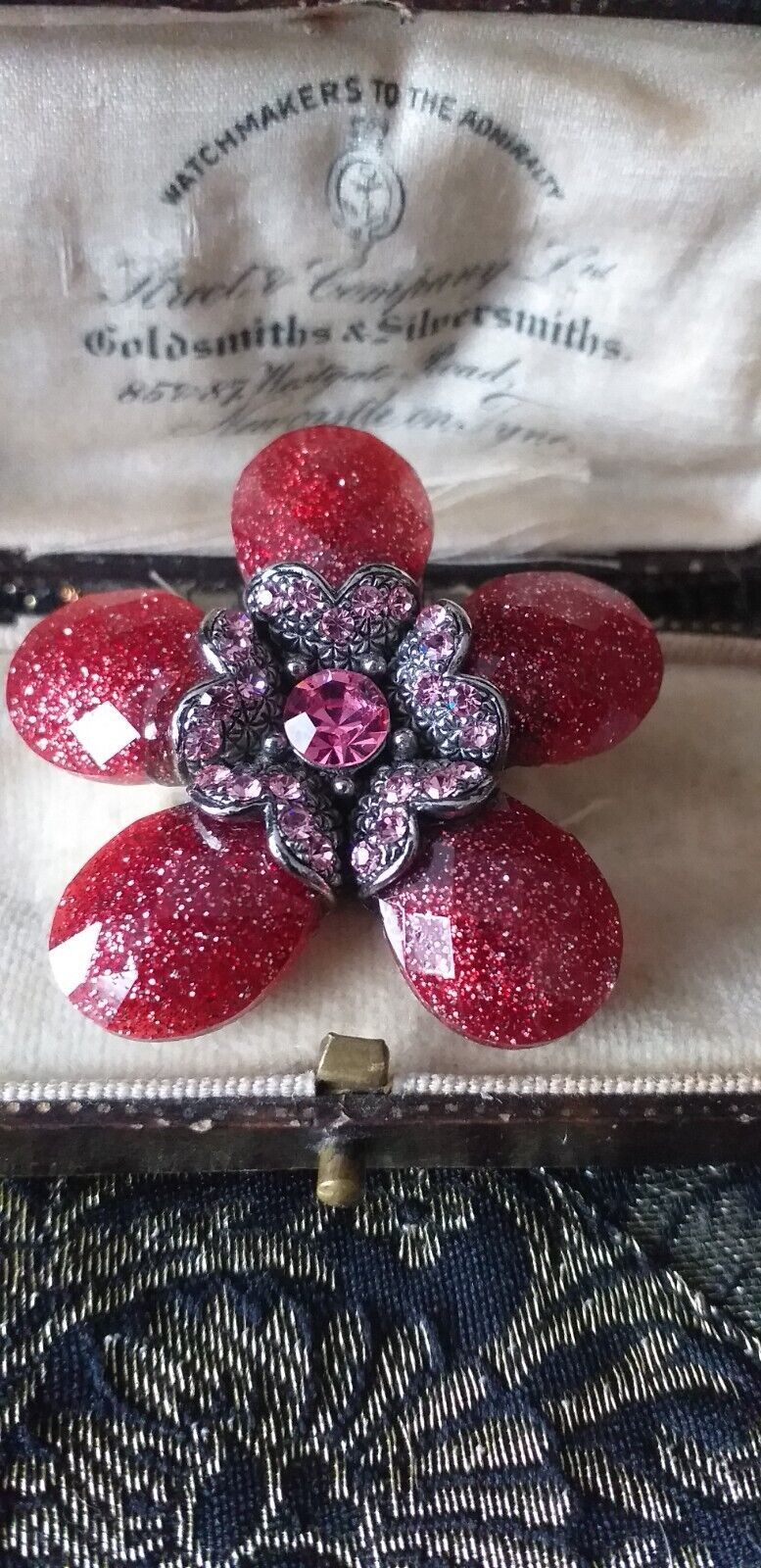 VINTAGE 1980-s Red/Pink Glitter Glass &amp; Pink Crystal Stone Layered Flora... - $27.72