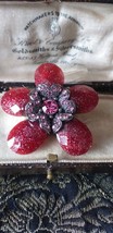 VINTAGE 1980-s Red/Pink Glitter Glass &amp; Pink Crystal Stone Layered Floral Brooch - £21.88 GBP