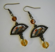 Fan Amber Beaded Earrings Antique Gold Metal Handmade Pierced Dangle Hoo... - £28.13 GBP