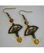 Fan Amber Beaded Earrings Antique Gold Metal Handmade Pierced Dangle Hoo... - $35.00