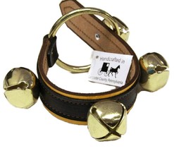 2 Layer Black &amp; Yellow Leather Strap W/ 4 Jingle Bells   Amish Handmade In Usa - £31.95 GBP