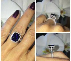 4.1Ct Emerald Cut Blue Sapphire Diamond Halo Engagement Ring 14K White Gold Over - £81.59 GBP