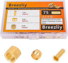 Breezliy 1/4 Inch OD Brass Compression Insert,Sleeve Ferrule,Nut 75PCS - £17.66 GBP