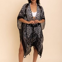 Boho Festival Lightweight Mandala Kimono Cardigan Tassels Black - £22.52 GBP