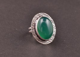Rhodium Polished Handmade Oval Green Onyx Women Elegant Designer Ring Daily Wear - £18.45 GBP+