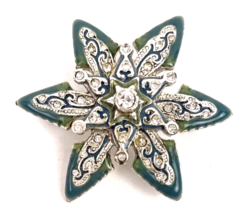 Vintage Monet Signed Edelweiss Snowflake Star Silver Rhinestone Blue 1.75&quot; - $26.00