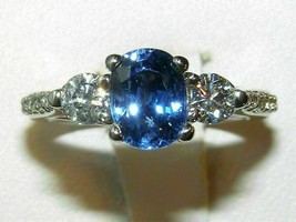 2CT Blue Sapphire/Diamond 3-Stone Engagement Ring 14K White Gold Plated Silver - £94.73 GBP