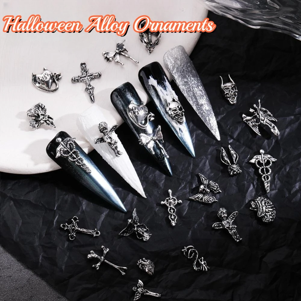 3D Halloween Retro Cross Nail Art Accessories Alloy Silver Ghost Head Skull - £8.82 GBP+