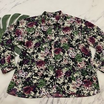 J Jill Button Up Blouse Top Size XL Purple Cream Abstract Rose Floral - $23.75