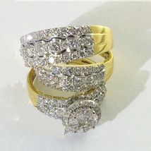 2.75 CT round moissanite diamond Wedding Bridal 3 pcs Trio Ring Sets 925 Silver - £214.69 GBP
