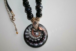 2&quot; Dichroic Glass Black Silver Copper Swirl Pendant on Beaded Rope Necklace J430 - $24.00