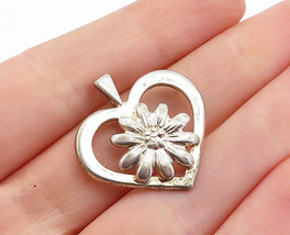 925 Sterling Silver - Vintage Shiny Sunflower Open Love Heart Pendant - PT4672 - £22.51 GBP