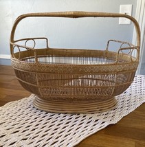 Vintage Japanese Handmade Bamboo Basket Open Weave Handle Embroidered Detail - £96.69 GBP