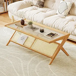 Rattan Coffee Table Mid-Century Modern Coffee Table Bambootable With Glass Top F - £260.86 GBP