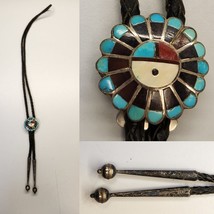 Vintage Bennett Bolo Tie  Turquoise, Coral , Mother Of Pearl Sterling Silver - £164.40 GBP