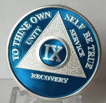 Blue Silver Plated 9 Year AA Chip Alcoholics Anonymous Medallion Coin - £16.25 GBP