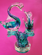 Hand Blown Glass Swans Figurine Aqua and Clear Unique Glass Art - $27.67