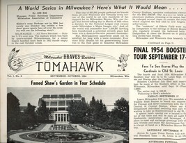 Milwaukee BRAVES Boosters Paper TOMAHAWK Sept Oct 1954 Burton Burdette P... - £15.84 GBP