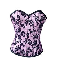Pink Satin Black Flocking Burlesque Costume Gothic Overbust Corset Bustier Top - £54.92 GBP