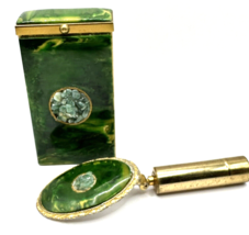 Green Bakelite with Stone Brass Cigarette Case &amp; Matching Mirror Beautiful VTG - £98.92 GBP